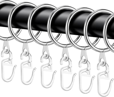 New Age Devi - 40-delige set: zilveren metalen gordijnringen, -hangers en kunststof haken voor bed-, douche- en raamgordijnen (30 mm binnendiameter)