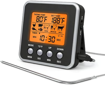Dailygoods - VOBOR Digitale keukenthermometer met sonde, lcd-display met achtergrondverlichting, alarmfunctie, snelle en nauwkeurige metingen, voedselthermometer voor het koken van BBQ, braadoven, grill