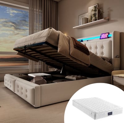 MEUNIQ gestoffeerd tweepersoonsbed 140x200 met LED-hoofdbord, stopcontact, USB-C, hydraulische opbergruimte en lattenbodem voor slaapkamer, beige