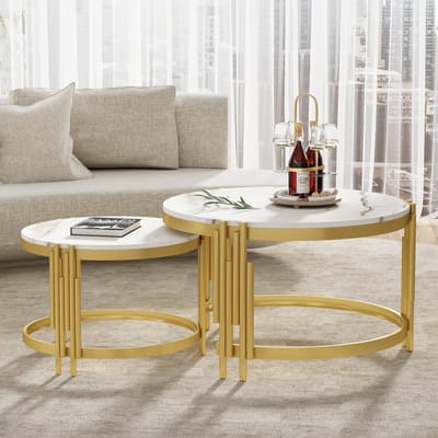 Wishdor Set van 2 nestbare salontafels Marmorlook met gouden metalen frame en artistieke golvende poten, wit/antiek brons