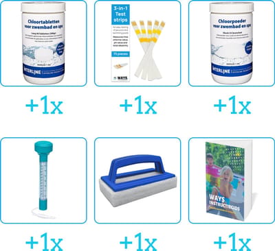 Zwembad Onderhoudspakket - Onderhoud Zwembad - bevat Chloor - Testrips - Chloor - Thermometer - Scrubborstel en Zwembadgids (6-delig)