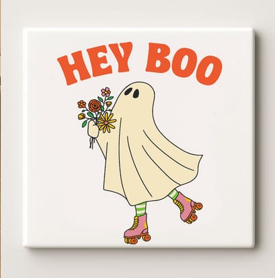Hey Boo Geest Art Tegel – 15x15cm Schattige Halloween Keramische Wanddecoratie, Retro Spooky Huisdecoratie