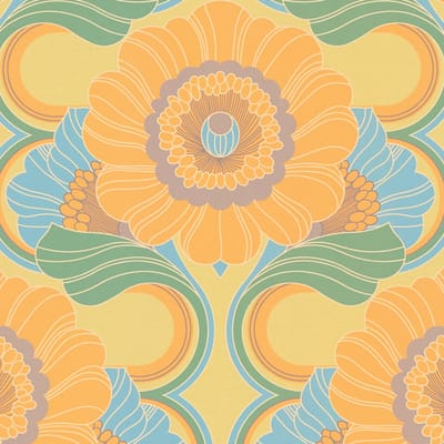 Retro behang Profhome 395301-GU vliesbehang hardvinyl warmdruk in reliëf licht gestructureerd met bloemen patroon mat geel turkooisblauw groen beigegrijs 4,5 m2