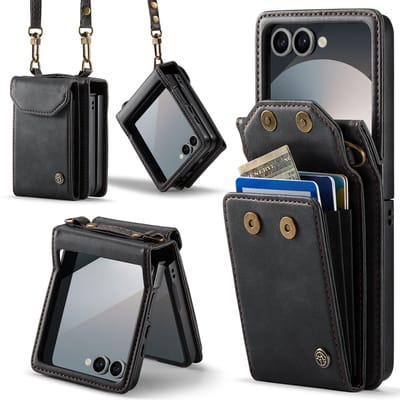 Casemania Hoesje Geschikt voor Samsung Galaxy Z Flip 7 - Charcoal Gray - Portemonnee Book Case met Koord & Pasjeshouder