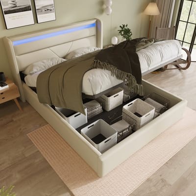 MODFU Ledikant 160x200 cm van PU – wit – met LED-hoofdbord en hydraulische opbergruimte – modern design