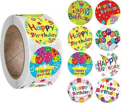 500 Stickers Op Rol - 2.5cm - Happy Birthday Mix - Verjaardag Stickers - Sluitsticker - Sluitzegel - 25mm - 500 Stuks