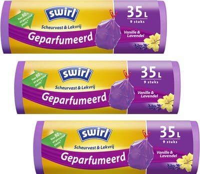 Swirl Geparfumeerde pedaalemmerzakken trekband 35ltr - Multipack 3 rollen van 9 vuilniszakken = 27 vuilniszakken