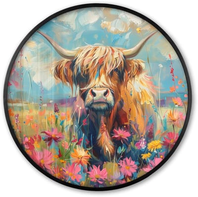 Poster in lijst Rond - Fotolijst 60x60 cm - Posters - Schotse hooglander - Natuur - Kleurrijk - Bloemen - Ronde posterlijst zwart - Decoratie - Wanddecoratie woonkamer - Muurdecoratie slaapkamer