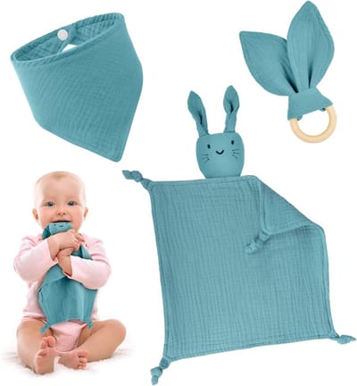 3-delige Baby Cadeauset voor Jongens en Meisjes, Inclusief Muslin Knuffeldoek, Bijtring en Slabbetje - Blauw, Perfect voor Nieuwe Ouders en Babyshowers