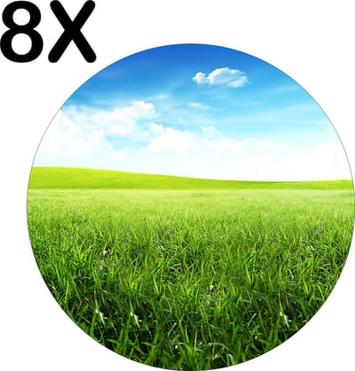 Luxe Ronde Placemat - Groen Gras met de Perfecte Blauwe Lucht - Set van 8 Placemats - 50x50 cm - 2 mm dik Vinyl - Anti Slip - Afneembaar