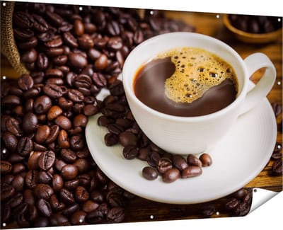 Gards Tuinposter Kopje Koffie met Koffiebonen - 180x120 cm - Tuindoek - Tuindecoratie - Wanddecoratie buiten - Tuinschilderij