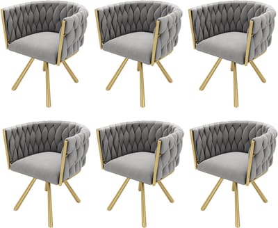 Merax Luxe Fluwelen Eetkamerstoelen Set van 6 – Grijs en Goud – 360° Draaibaar - Ergonomisch Ontwerp en Stalen Poten