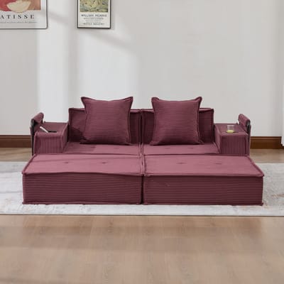 MODFU 2-Zits Bank - Met Opbergvakken En 2 Kussens - Scandinavisch - Voor Leeshoek - Ribfluweel - Wijnrood - 162 x 78 x 66 cm