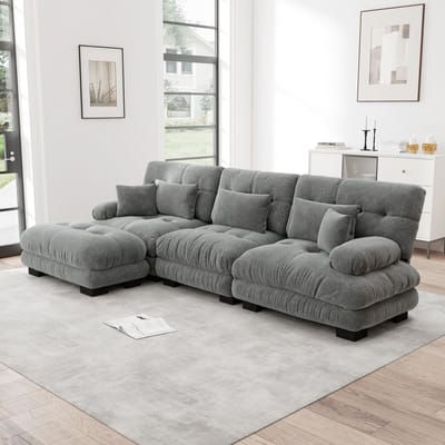 Luxe Modulaire L-Vormige Wolkensofa - Chenille Bekleding - Grijs - Inclusief Hocker - Diepe Zit - Geschikt Voor Diepe Slaap