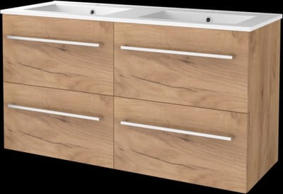 Basic Start 46 badmeubelset met wastafelonderkast met grepen, 4 lades en porseleinen wastafel met 2 kraangaten 120 x 46 cm, whisky oak