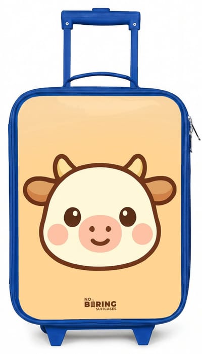 NoBoringSuitcases.com® - Kinderkoffer blauw - Kindertrolley jongen - Kawai - Koe - Bruin - Koffer kind lichtgewicht - Reiskoffer trolley voor kinderen - Koffertje met lichtgevende wieltjes - Rolkoffer