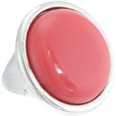 Behave - Ring - Vintage zilverkleurige ring met ronde kunststof steen in koraalroze kleur – Elegant en tijdloos