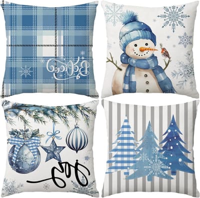 Set van 4 Decoratieve Kussenhoezen voor Kerstmis, 40 x 40 cm, met Sneeuwman, Kerstboom en Feestelijke Ontwerpen voor Winterse Thuisdecoratie