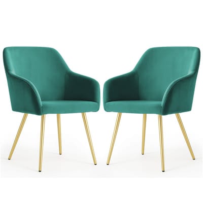 Set van 2 Eetkamerstoelen ESTELLE met Armleuningen / Gestoffeerde Stoelen / Fluwelen Stoelen en Metalen Poten / Flesgroen met gouden benen
