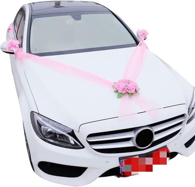 Bruiloft Auto Decoratie - Kunstbloemen Set - Feestelijke Aankleding - Fijn Vakmanschap - 1 Boeket 2 Bogen - Roze