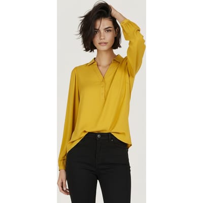 EsQualo Top Modal V-neck Button Ochre Maat: S | Longsleeves Outlet | Dames | Geel