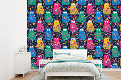 Behang - Fotobehang Kat - Regenboog - Bloemen - Breedte 360 cm x hoogte 260 cm