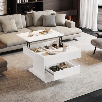 BLACKCOLORS Geometrische salontafel 70*70*45 cm, draaibaar tafelblad 360°, opklapbare salontafel met 1 lade, glanzende salontafel met verborgen opbergruimte, salontafel, bijzettafel, wit
