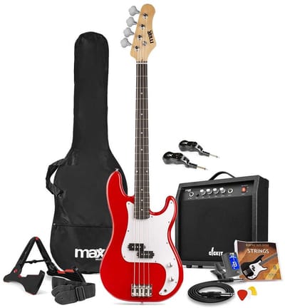 MAX GigKit draadloze basgitaar set - Met zender en ontvanger - Inclusief alle accessoires - 4/4 - Rood