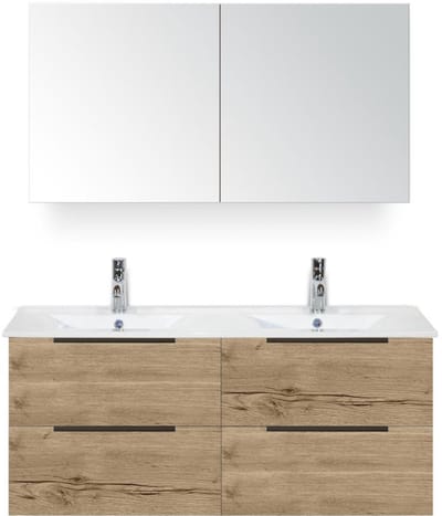 Seville Badmeubelset 120 cm - 4 Laden Natuur Eik Edge - Wastafel Enjoy Dubbel met Spiegelkast
