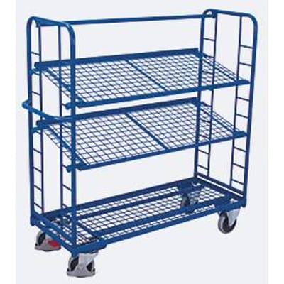 Etagewagens, staal/gaas, gentiaanblauw, 3 etages, 1355 x 550 mm, kopwanden met ronde stalen verstevigingen, EasySTOP, tot 250 kg