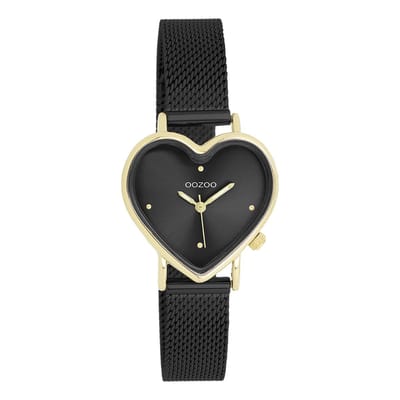 OOZOO Timepieces - Goudkleurige OOZOO horloge met zwarte metalen mesh armband - C11447