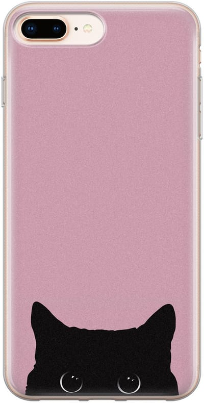 Hoesje geschikt voor iPhone 8 Plus - Zwarte kat - Soft Case - TPU - Print - Roze - Mooie Telefoonhoesjes