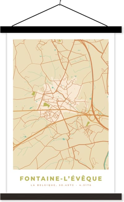 Posterhanger incl. Poster 40x60 cm - Schoolplaat - Plattegrond - Kaart - Vintage - Fontaine-L'Évêque - Stadskaart - Textielposter - Zwarte latten - Stadskaart