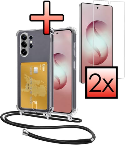Hoes Geschikt voor Samsung Galaxy S26 Ultra Hoesje Pasjeshouder Cover Met Koord Shock Proof Case Siliconen Hoes Met Telefoonkoord en Kaarthouder Met 2x Screenprotector - Transparant