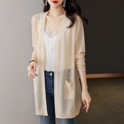 Grote losse gebreide cardigan voor dames, dunne zomerjas, zonwerende jas, lang shirt met airconditioning M beige