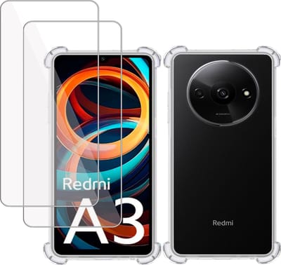 Hoesje + 2x Screenprotector geschikt voor Xiaomi Redmi A3 – Tempered Glass - Extreme Shock Case Transparant