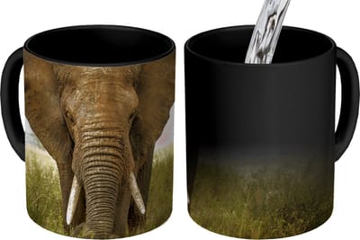 Magische Mok - Foto op Warmte Mokken - Koffiemok - Olifant - Natuur - Gras - Dieren - Landschap - Magic Mok - Beker - 350 ML - Theemok