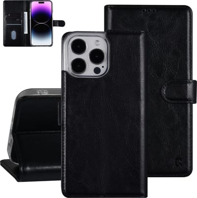 UNIQ Accessory Premium zwarte Book Case Telefoonhoesje voor Apple iPhone 14 Pro Max - Pu leer met bescherming.