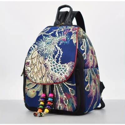 Sac à dos Vintage pour femmes, sac à dos brodé à paillettes de paon, perles Boho nationales, sac d'école de voyage bleu