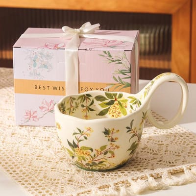 Retro Keramische Mok Met Gebogen Handvat Huis Ontbijt Havermout Melkkom, Koffiekopje Voor Afternoon Tea 500ML beige
