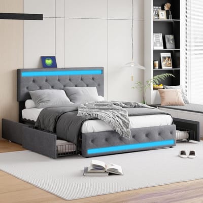 Tweepersoonsbed met Opbergruimte - Ladebed Gestoffeerd Bed - Slaapkamer Organiseren - Ingebouwde LED Verlichting - 160 x 200 cm - Donkergrijs