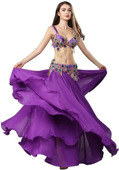 Belly dancing rok met beaded borduursel en bijpassende bh, lange chiffon maxi jurk voor dames, perfect voor carnaval en flamenco dans.