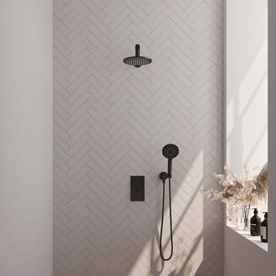 Brauer Black Edition thermostatische inbouw regendouche 3-weg omstelling SET 31 met 20 cm douchekop en rechte muurarm en 3-standen handdouche en doucheslang en wandaansluitbocht mat zwart