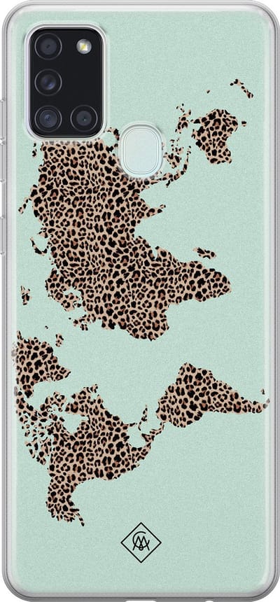 Casimoda® hoesje - Geschikt voor Samsung A21s - Wereldkaart blauw luipaard - Backcover - Siliconen/TPU - Multi