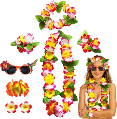 8-delige Hawaïaanse Kostuumset met Collier, Bracelets, Zonnebril en Bloemenaccessoires voor Luau, Carnaval en Strandfeesten