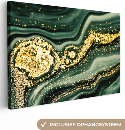 Canvas schilderij 150x100 cm - Wanddecoratie Marmer - Goud - Glitter - Groen - Marmerlook - Luxe - Muurdecoratie woonkamer - Slaapkamer decoratie - Kamer accessoires - Schilderijen op canvas