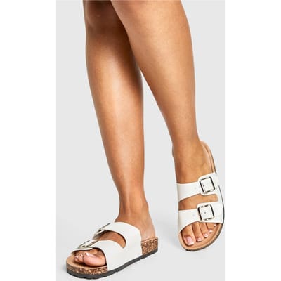 boohoo Dames Double Buckle Footbed Slider | Wit | Maat: 36