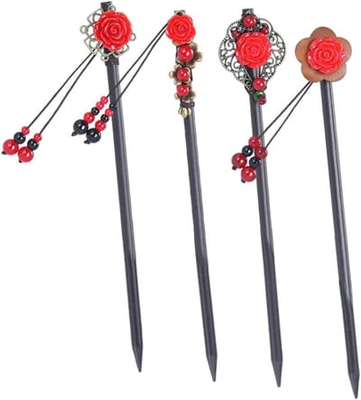 Set van 4 handgemaakte retro haarspelden voor vrouwen, accessoires voor lang haar, geisha-kostuum, kersenhout en bloemenmotieven