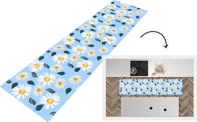 Keukenloper - Loper keuken - Madeliefjes - Blauw - Patroon - 200x50 cm - Keukenloper vinyl