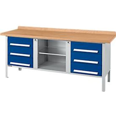 Box-type werkbank Schäfer Shop Select PW 200-2, beuken multiplex blad, tot 750 kg, B 2000 x D 700 x H 840 mm, gentiaanblauw